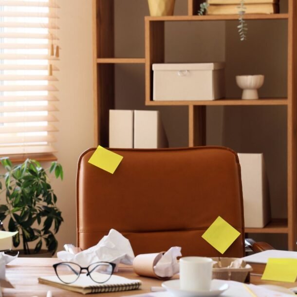 Messy desk creating distractions and influencing behavior negatively