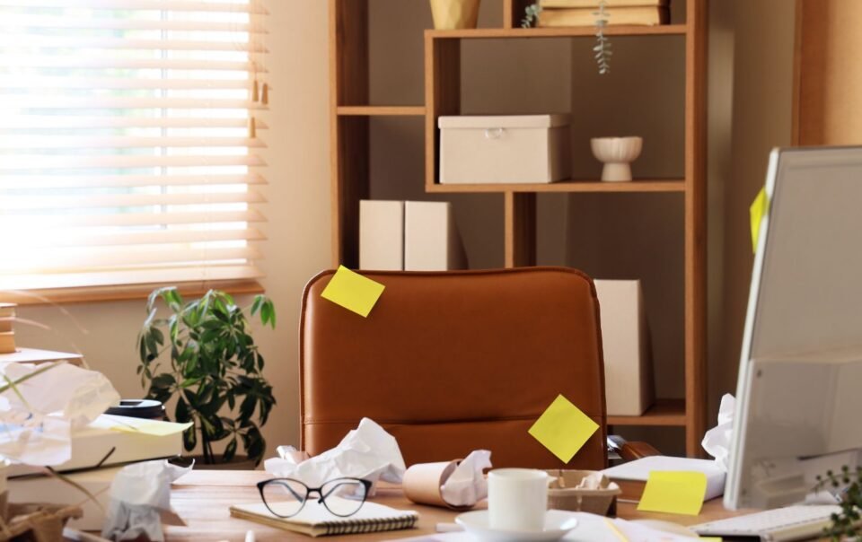 Messy desk creating distractions and influencing behavior negatively