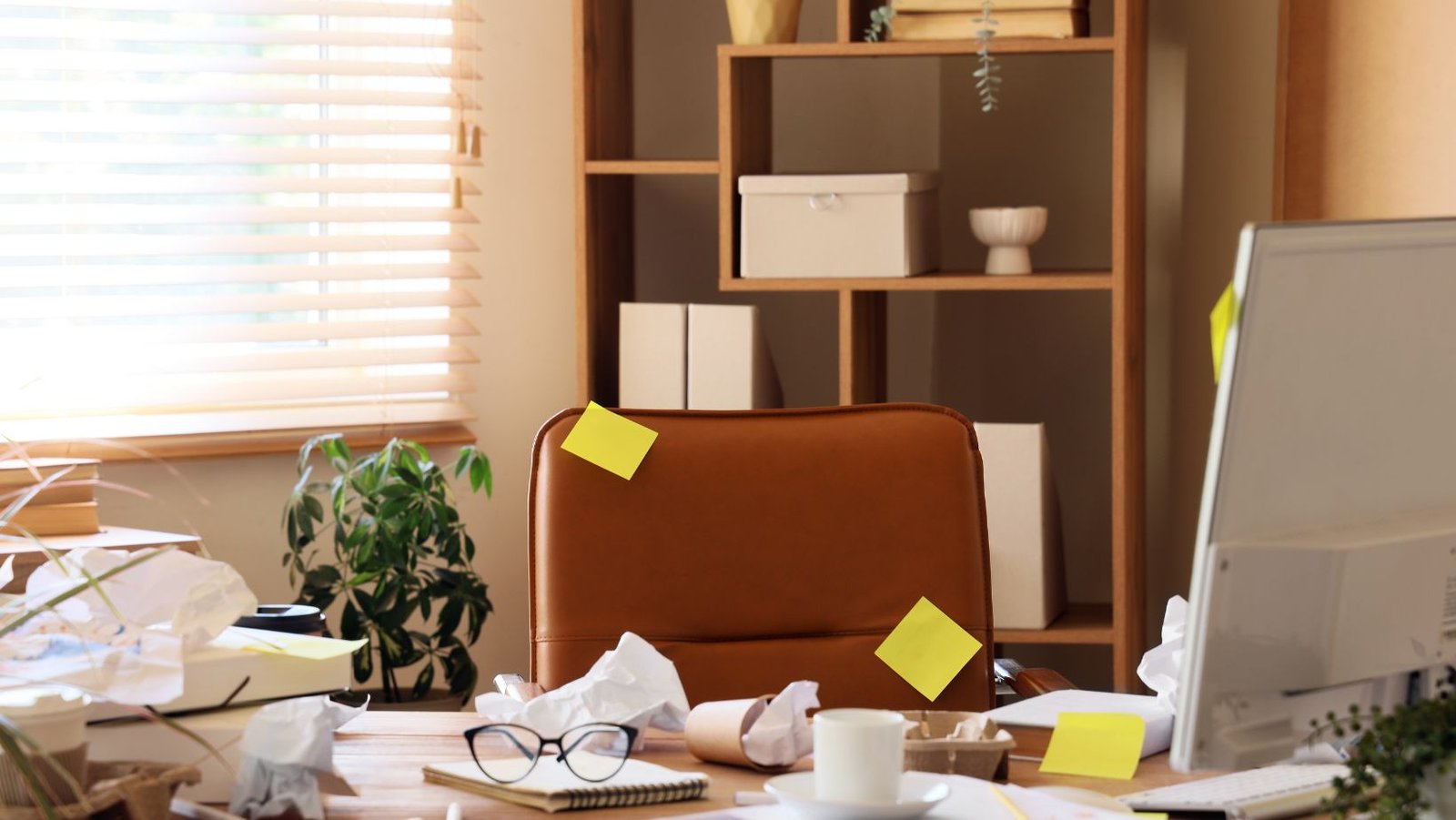 Messy desk creating distractions and influencing behavior negatively