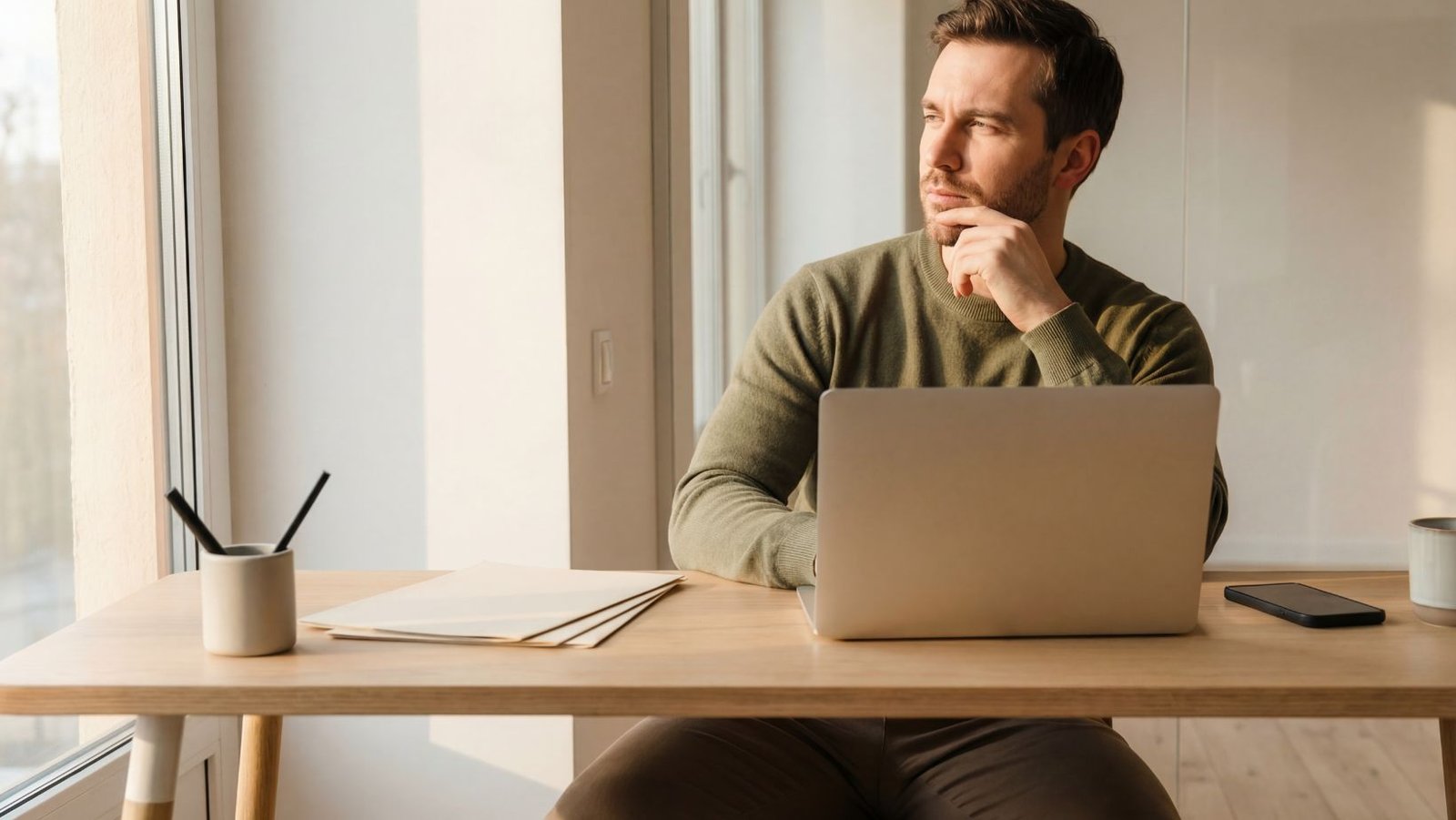 Man looking out the window while thinking about mindset and beliefs