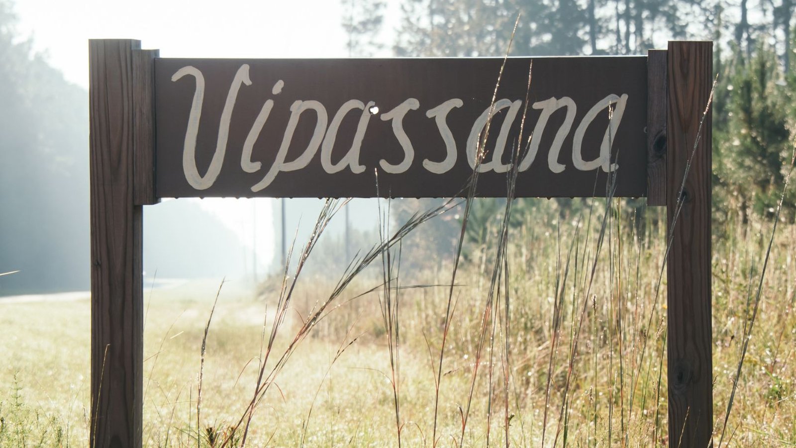 Vipassana retreat sign with a bullet hole above the a.